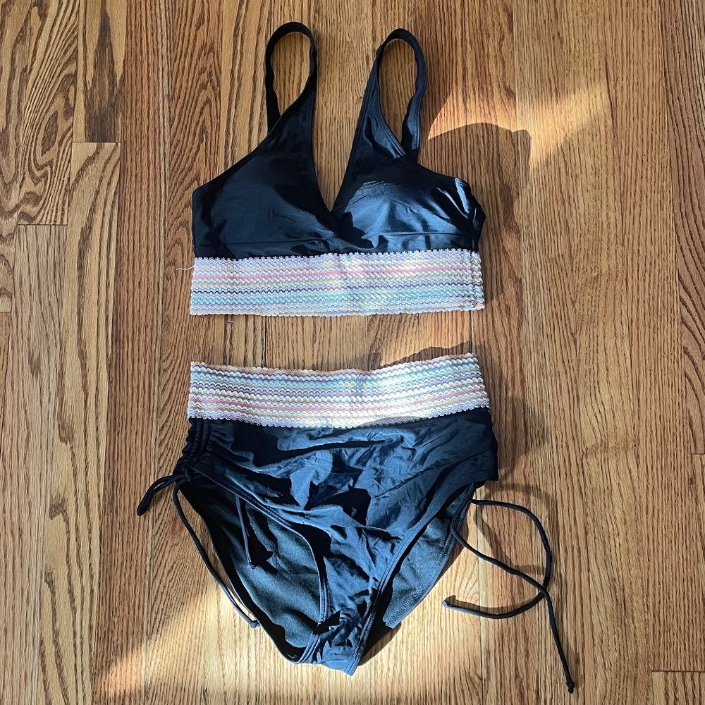 High Waisted Black Bikini Set with Rainbow Crochet Waistband, Medium